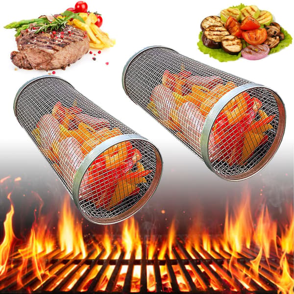2 stk. 30 cm grillkurv i rustfrit stål, rund grillkurv