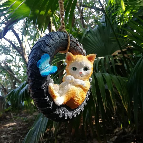(Däckkatt) Kattstaty Dekoration Hantverk Resin Skulptur Trädgårdsgunga O