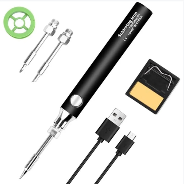 Loddejernskit i sort metal, USB-opladelig, med 3 loddespidser