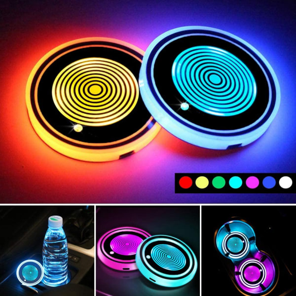 LED Car Cup Holder Lights,7 Colors Changing USB Charging Mat Wat