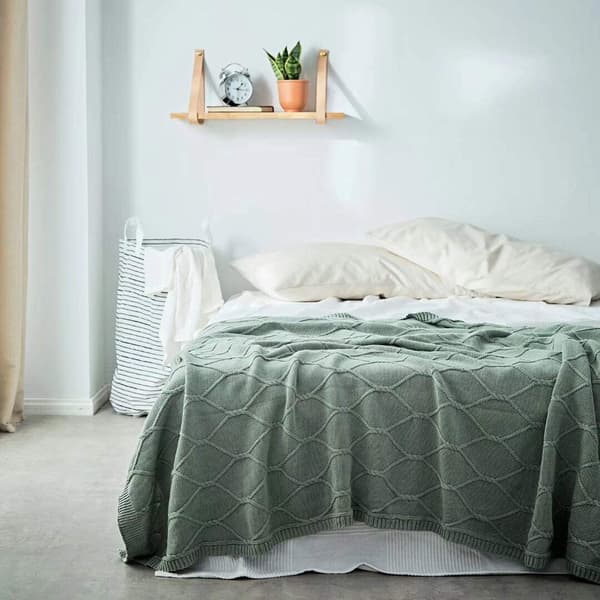 Bomull Salviegrønn Kabelstrikket Teppe for Sofa, Lett