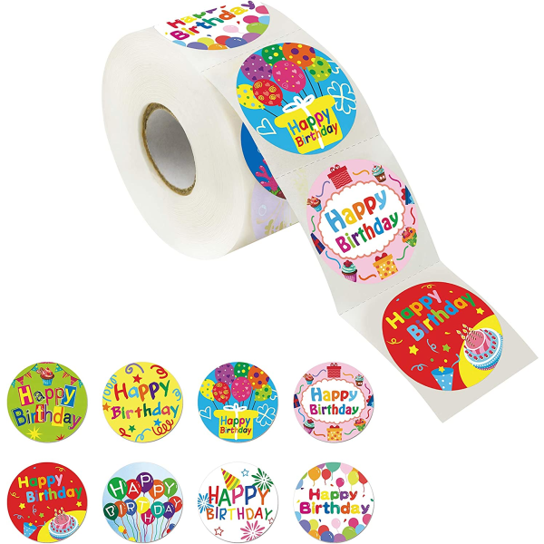 500 søde runde klistermærker til tillykke med fødselsdagen i 8 designs med perforer
