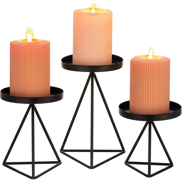 Metal Candle Holders - Set of 3 Black Candle Holders, Modern Geo