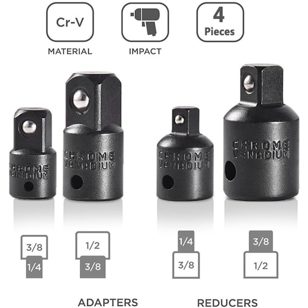 4 stk. Forlenger- og Redusersett Ratsjeadapter Reduseradaptere for Sokker og Bits 1/2\" 1/4\" 3/8\" Pillote