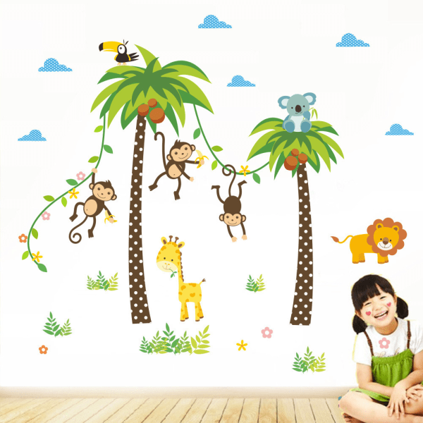 4 kpl sarjakuvaa kookospuu apina lastenhuoneen seinä dec