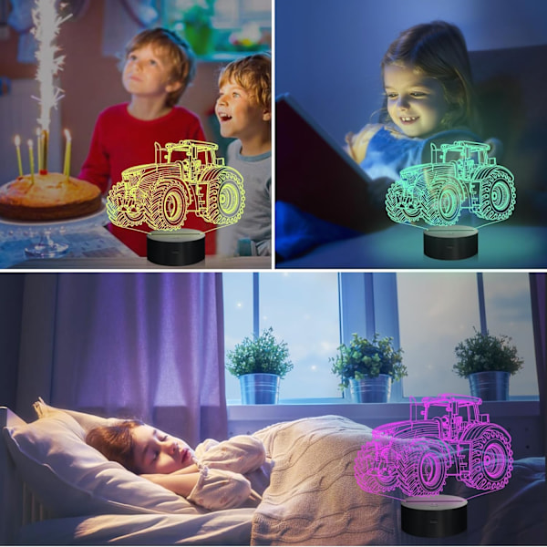 Traktor 3D illusjonsnattlampe, 16 farger skiftende dimbar hologram belysning, smart timer leketøy USB-lader bord skrivebord seng