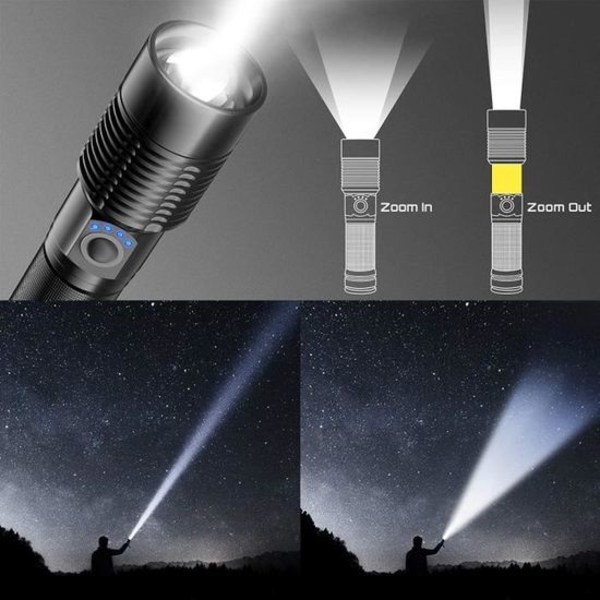 Ultra kraftig LED-lommelykt, USB-oppladbar, 5 lommelyktmoduser, A