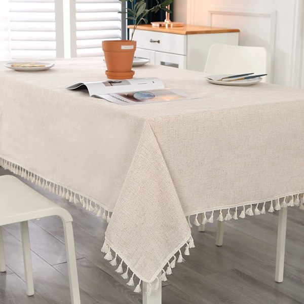 Rektangulär bordsduk Beige Fläckbeständig Tvättbar Bomull Linne Tassel Bordsduk med Tassels, Bordslinne för Födelse 140 x 160 cm