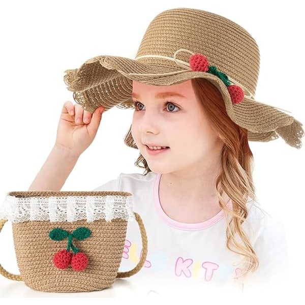 Khaki - Girls Straw Hat with Sun Protection and Pouch with Flower