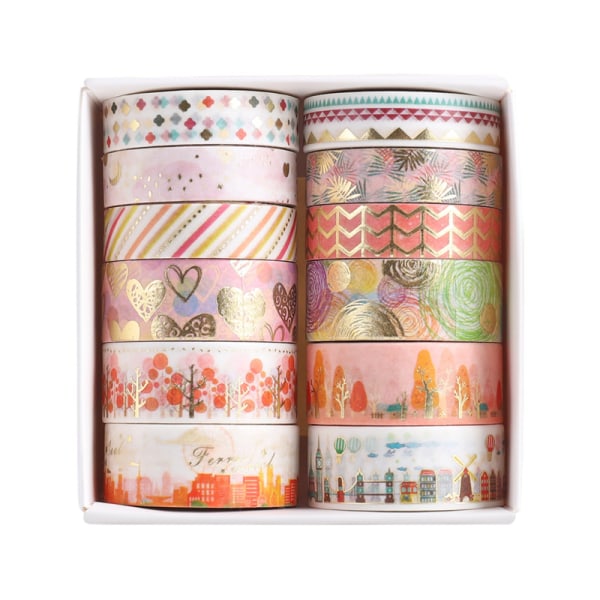 Selvklebende tapesett med 12 ruller søt gullfolie, diverse dekor