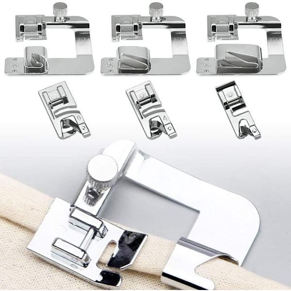 6 symaskinspressarsats, 3 smala rullade fållsymaskinspressarfötter (3/4/6 mm), 3 rullade fållpressarfötter symaskinspressarfötter fållfotset (4/8, 6/8, 8/8 tum) för hushåll