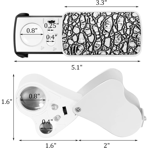 2 stk. Juvelerlupe 30X 60X 90X Opplyst Juvelerøye Lupe