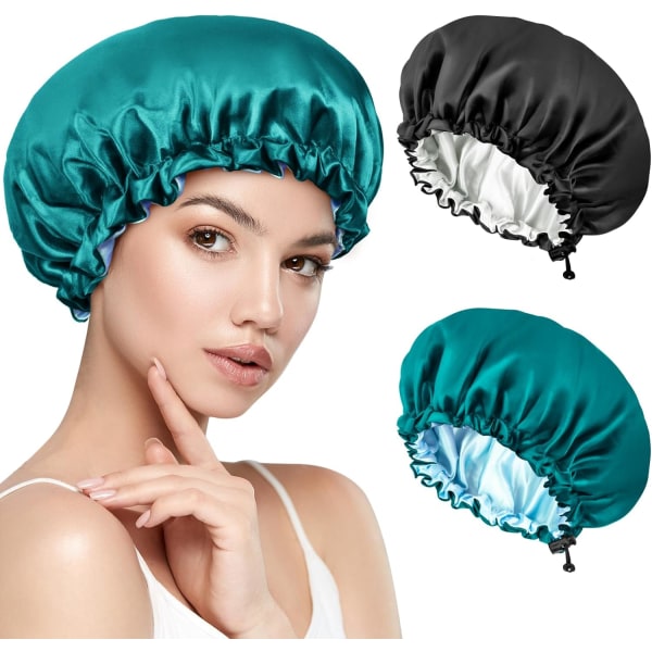 2 stk. Satin Curly Hair Cap (Sort, Grøn), Justerbar Satin Sl