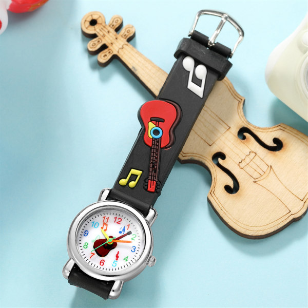 Børne ur (sort, guitar), vandtæt børns armbåndsur kvarts urværk, 3D tegneserie design, digitalt børneur til 3 år til 12 år gammel pige dreng