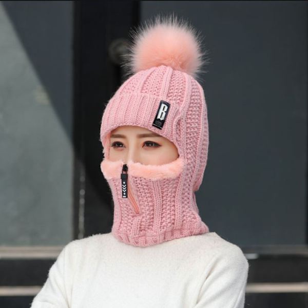 1 topp ull stickad mössa skidmössa set vindtät vinter utomhus pink