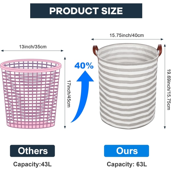 Sammenleggbar klesvaskurv med håndtak - Grå stripet 40x50cm, Stor
