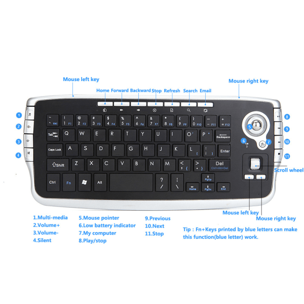 Trådløst trackball-tastatur mini 2.4G trådløs mus og tast