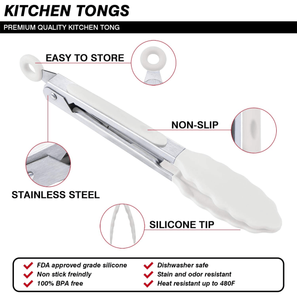 Mini Silikon Tongs Sett 21cm Snøhvit for Kjøkken, Baking og