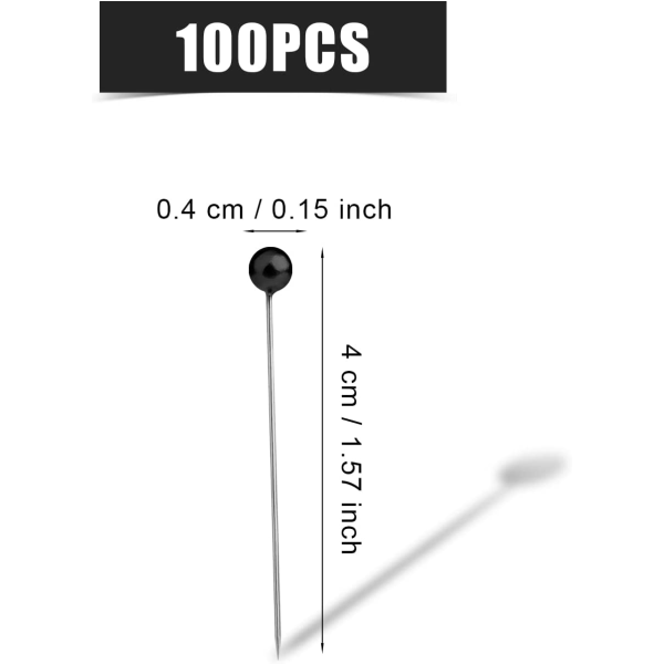 100 stykker (svart) synåler 4 cm, plastkulehode, rett