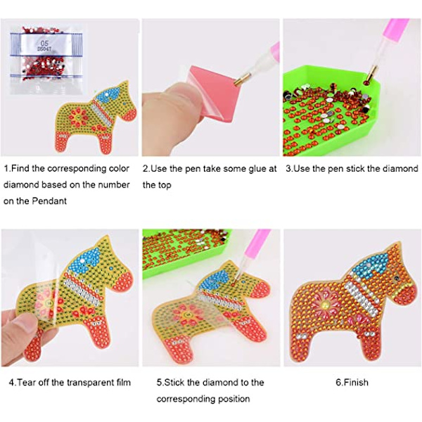 5 stk 5D DIY diamantmaleri nøkkelringer med heste mønster,Rh