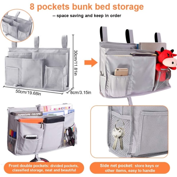 （Grå） Opbevaringspose til sengekanten 8 lommer Sengetaske med stor kapacitet