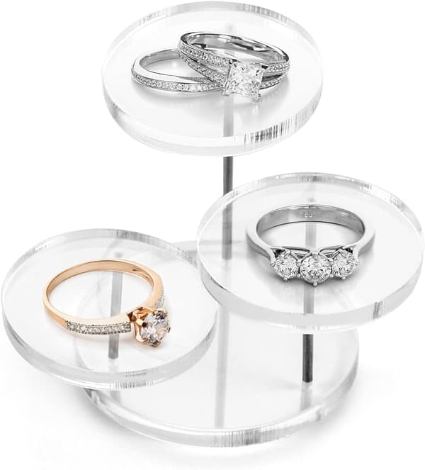 2-delt mini akryl displaystativ, 3-lags transparent rund, egnet til ringe, øreringe, armbånd, mini statuer