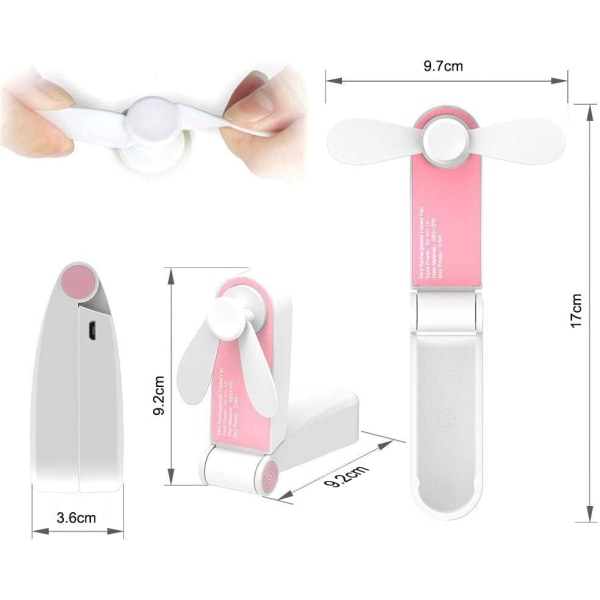 Pink Foldbar Mini Pocket Fan Bordventilator, bærbar og genopladelig