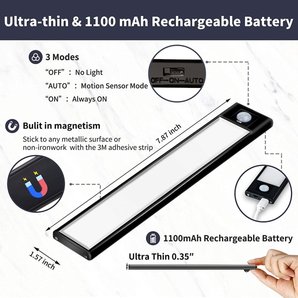 LED-skaplys Batteridrevet 3-pakning, 31-LED oppladbar Mo