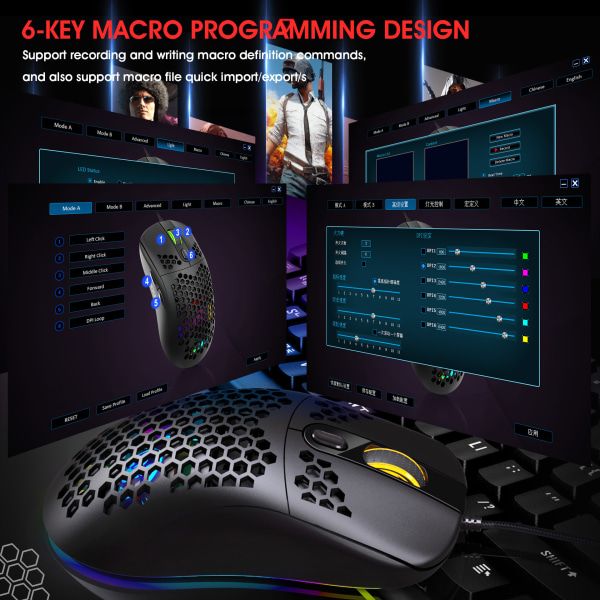 X600 RGB lysende makro programmeringsspillmus 6 taster kan slå av