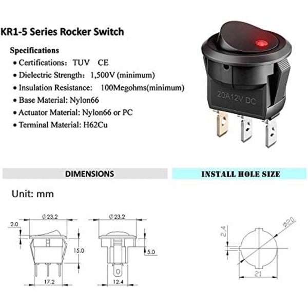 10 st 12V Belysningsomkopplare LED Vippomkopplare 12V 3-läges Låsande Omkopplare SPST Rund Knapp för Bil Båt Hem Applikation