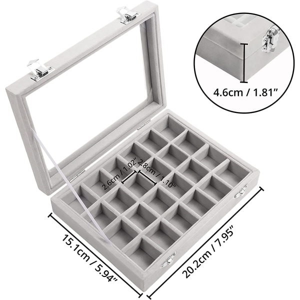 Smykke- og ringæske i grå (24 sektioner) - L20,2 x B15,1 x H4