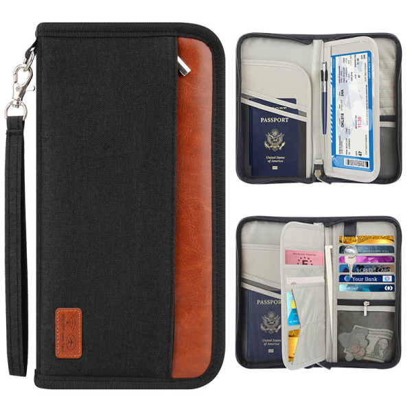 Matkalompakko (musta), perheen passin pidike, matkustusasiakirja tai