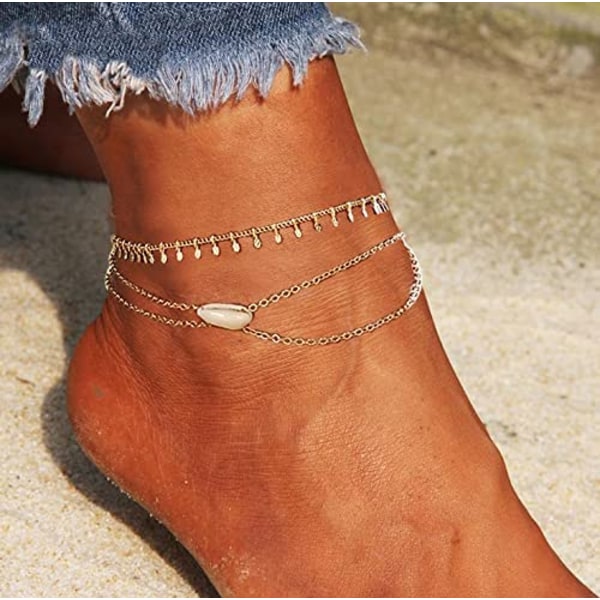 Bohend Anklet (Guld) Bohe Strand Flerlags Guld Skal 21CM, Justerbar