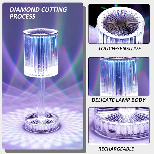 Krystall lampe, 16 farger RGB touch lampe, oppladbar diamant