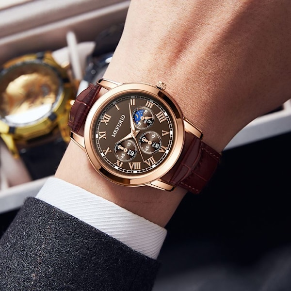 Herrar Chronograph Brun Läder Klocka Guld Case Analog Kvarts Mode Business Klänning Stor Urtavla Klocka Män Dag