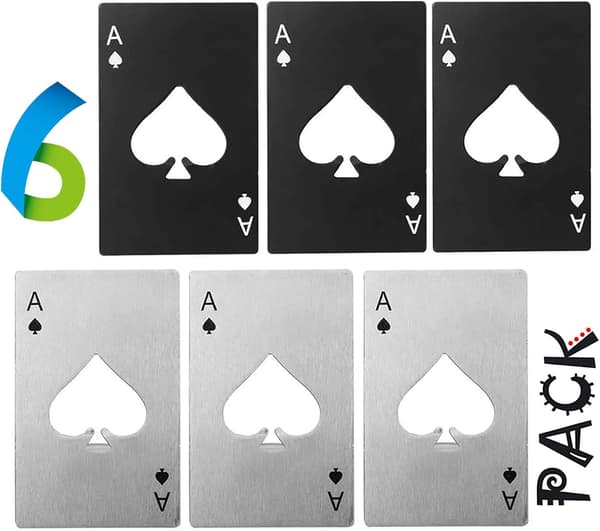 6 pokerformede ølkapsler, kredittkortformede, egnet for