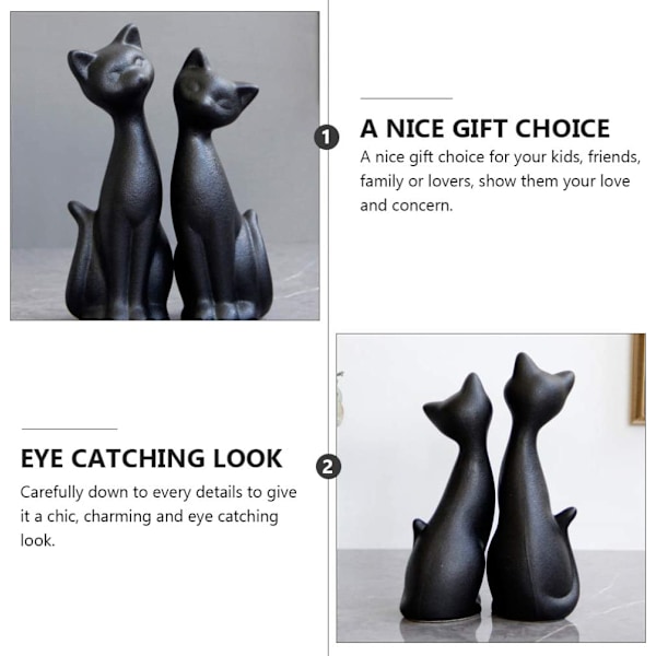2 stk. Sort Keramisk Kat Figur Kat Par Statue Keramisk En