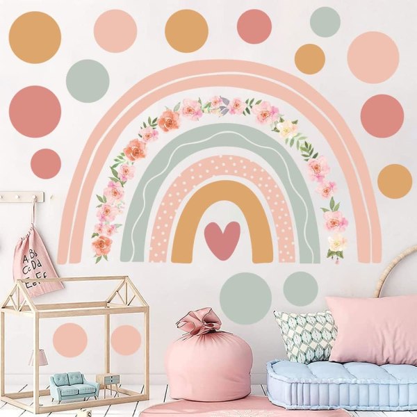 Rainbow Wall Decal Boho Polka Dot Wall Decal Pink Flowers Wall De