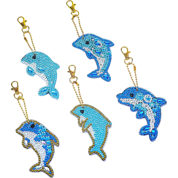 5 Pieces 5D DIY Dolphin Diamond Painting Keychains, Rhinestone D