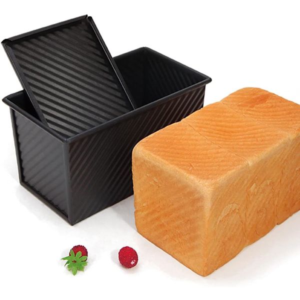 Brødform med låg, kulstofstål, non-stick, til bagning af kage og toast (sort, bølge, 450g dej)