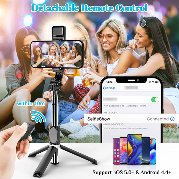 Sort - 1 stk Selfie Lightening Tripod Bluetooth Selfie Stick Lang