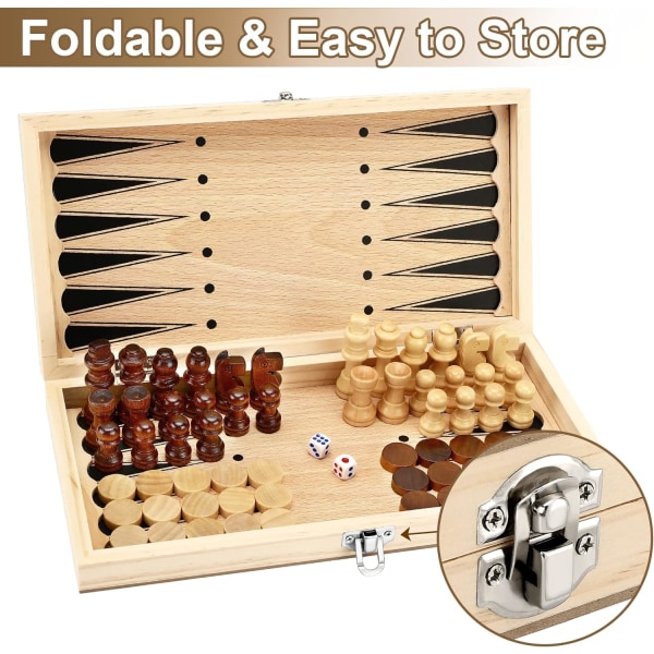 1PCS 3 i 1 29x29cm, Trä Schack Dam Backgammon, Fällbar Bärbar Schackbrädeset, Schackbräde för Barn Vuxna Fest Resor