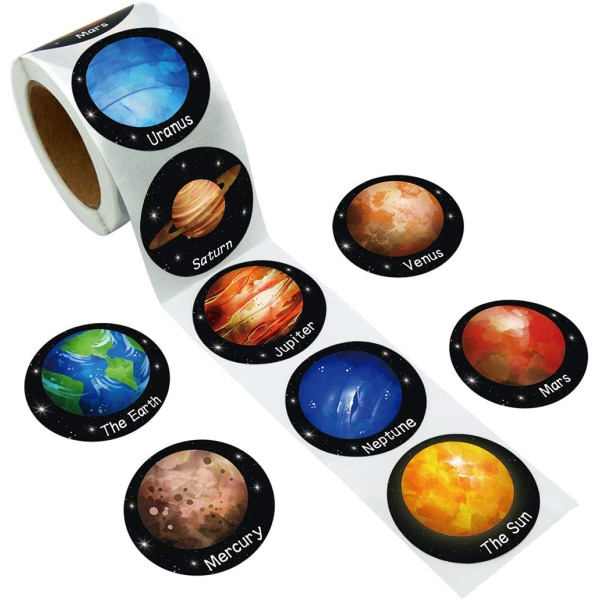Runde planetklistermærker (500 ark/rulle), 8 designs til børn
