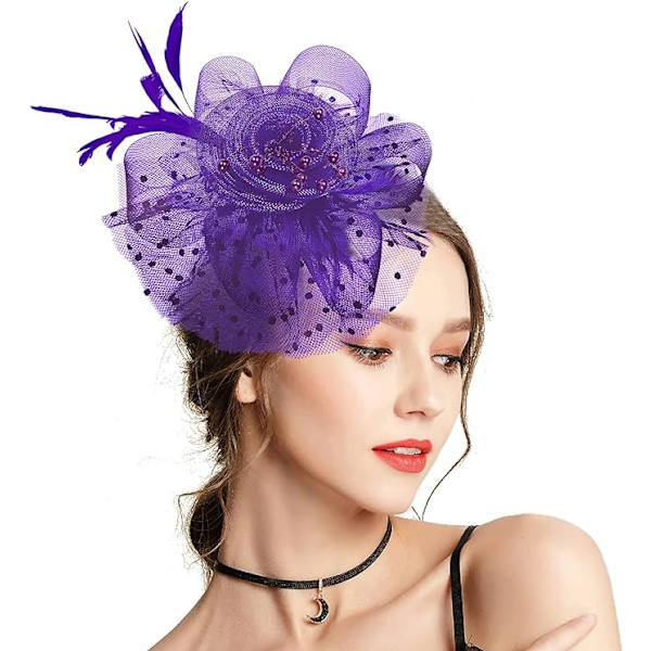 Mauve - Hattu, jossa kukka ja verkkonauha, sulkapääpanta ja tee
