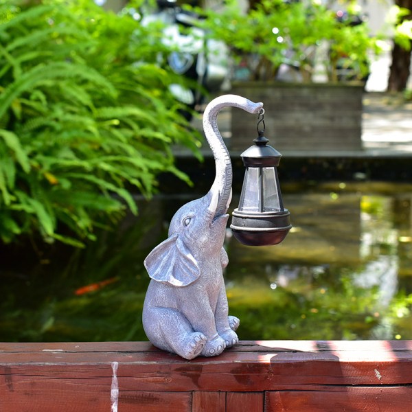 (Grå) Dekorativ Elefant Statue til Udendørs Have med Solcelle L