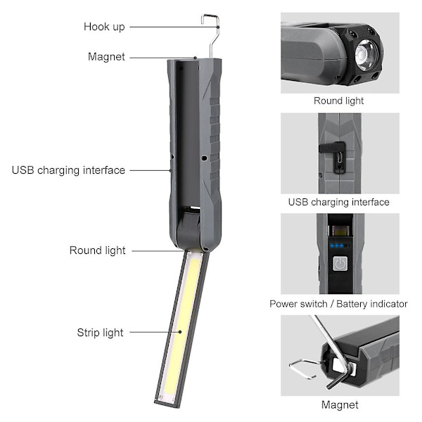 2 stk. genopladelig arbejdslampe, superlys inspektionslampe, portabel LED-lommelygte med magnet og krog