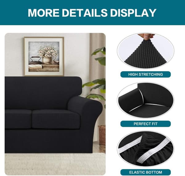 4-delers Sofadeksel for 3-seters Sofa, Sofa Trekk Myk Sofa Deksel (Svart)