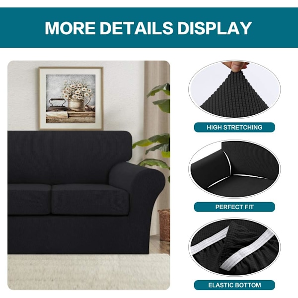 4-delt Sofa Betræk til 3-puds Sofa - Sofa Slipcover Blød Sofa Betræk (Sort)