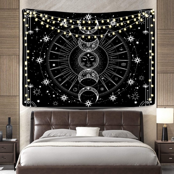 Sun Moon Tapestry Hengende Sun and Star Space Illusorisk Svart