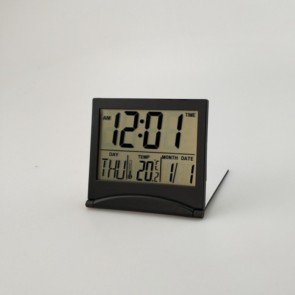 Musta LCD digitaalinen herätyskello, lämpötila, taitettava pöytäkello,